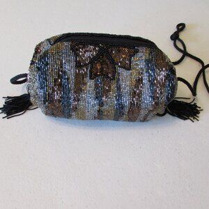 Soft Beaded Zippered Small Bag/Pouch w/ Cord Strap 7"x5"